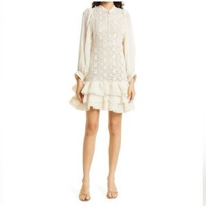 NWOT ByTiMo Dot Jacquard Lace Long Sleeve Ruffled Cream Mini Dress
